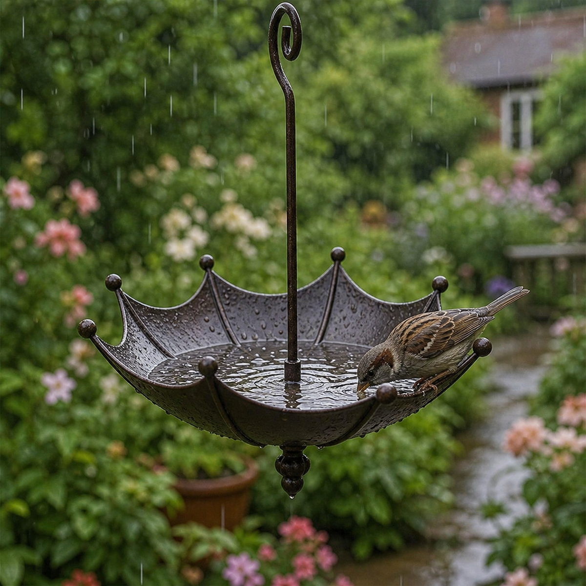 Hangende vogelvoeder- en badschaal in parapluvorm