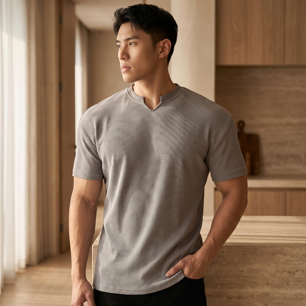 Heren T-shirt van katoenmix met V-hals | Lichte casual zomertop