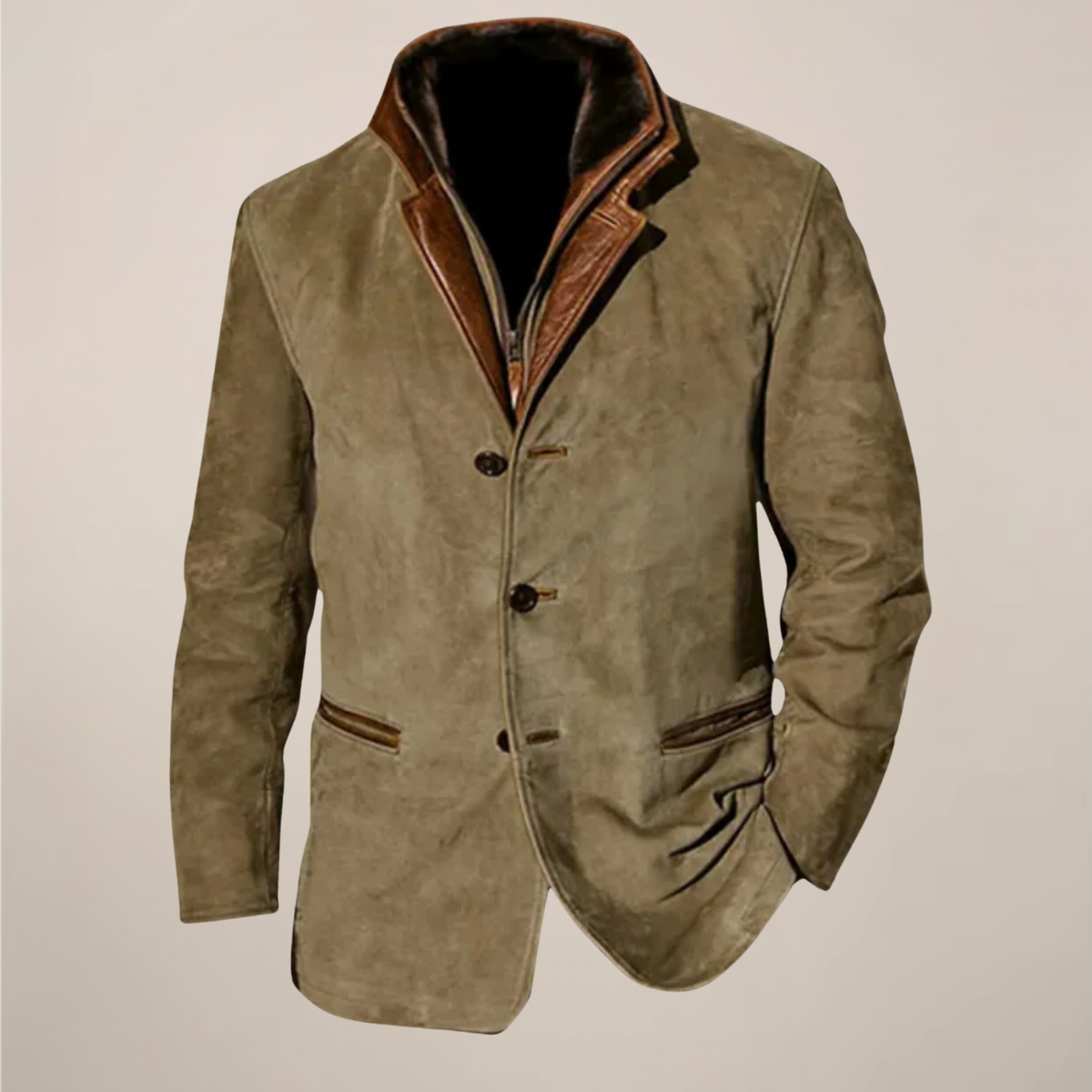 Herenblazer in vintagestijl – Jas in suède-look met contrasterende kraag en ritssluiting