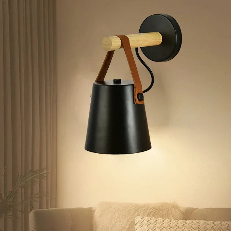 Houten en leren Scandinavische wandlamp | Hangende nachtkastlamp