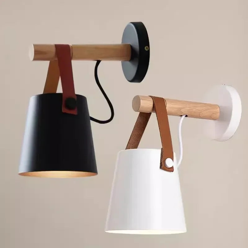 Houten en leren Scandinavische wandlamp | Hangende nachtkastlamp