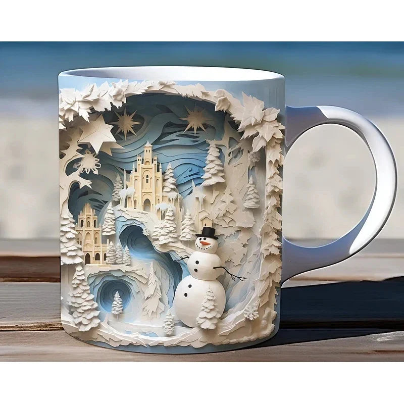 Keramische kerstkoffiemok met 3D-sneeuwpop illusieprint en C-vormig oor