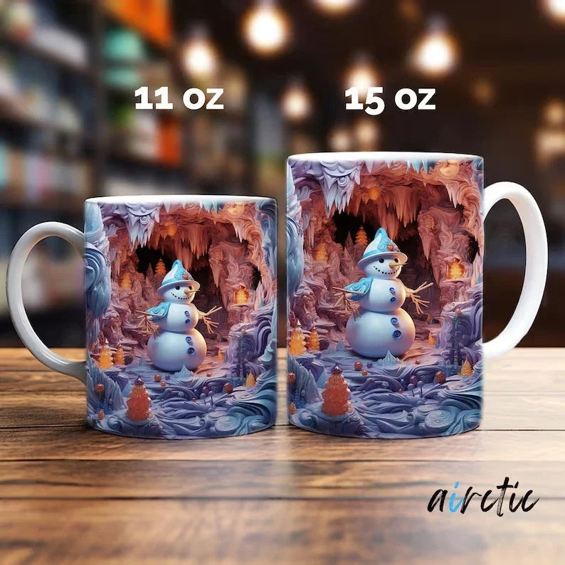 Keramische kerstkoffiemok met 3D-sneeuwpop illusieprint en C-vormig oor