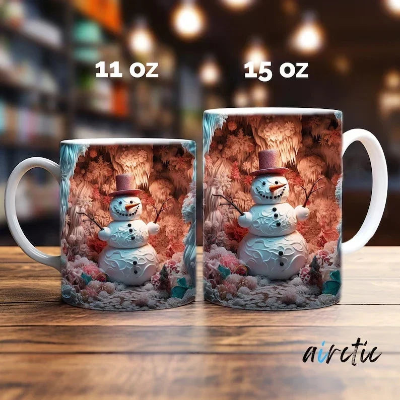 Keramische kerstkoffiemok met 3D-sneeuwpop illusieprint en C-vormig oor