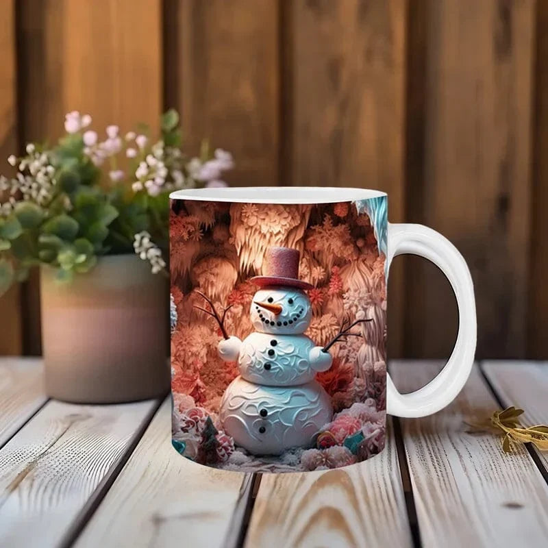 Keramische kerstkoffiemok met 3D-sneeuwpop illusieprint en C-vormig oor