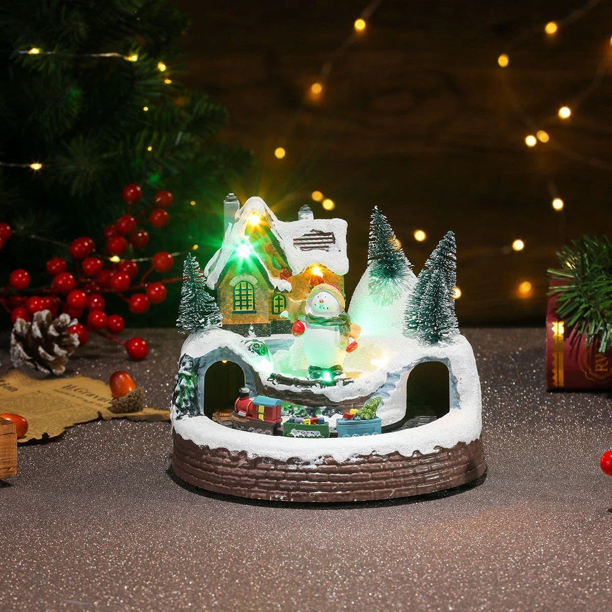 Kerstdorpset met ledverlichting en draaiende miniatuurtrein