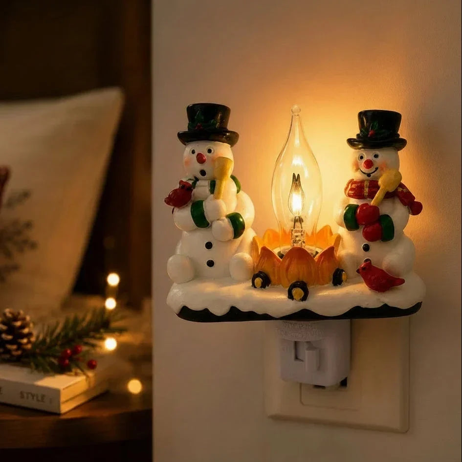 Kerstnachtlampje met sneeuwpop-kampvuurdesign en stekkerbediening