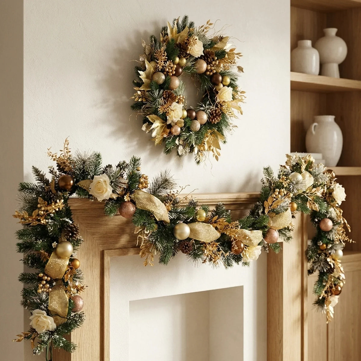 Kerstslinger voor de schouw met decoraties, kunstdennentakken en kunstrozen
