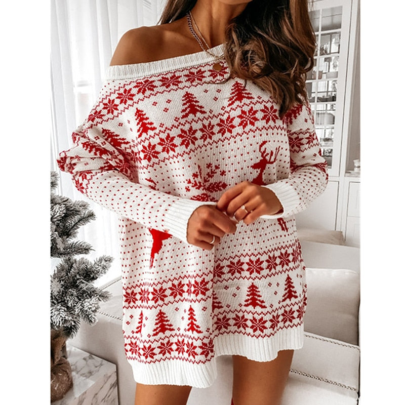 Kersttrui voor dames – Oversized off-shoulder trui in rood en wit – Comfortabele trui voor de feestdagen