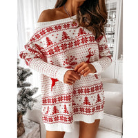 Kersttrui voor dames – Oversized off-shoulder trui in rood en wit – Comfortabele trui voor de feestdagen