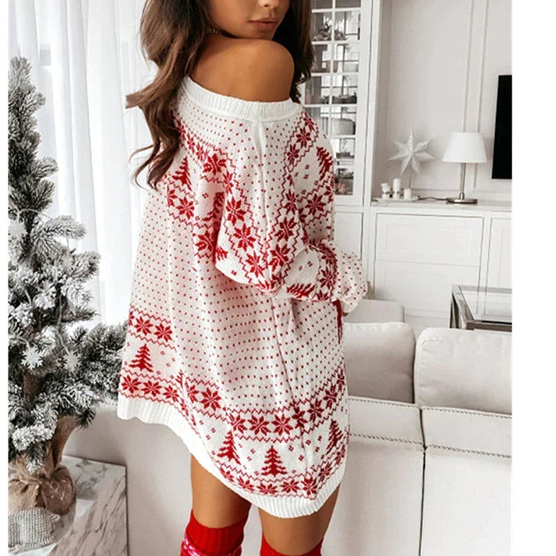 Kersttrui voor dames – Oversized off-shoulder trui in rood en wit – Comfortabele trui voor de feestdagen