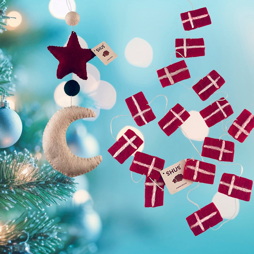Kerstversiering maan, ster en planeten - Handgemaakt - 100% zuivere wol