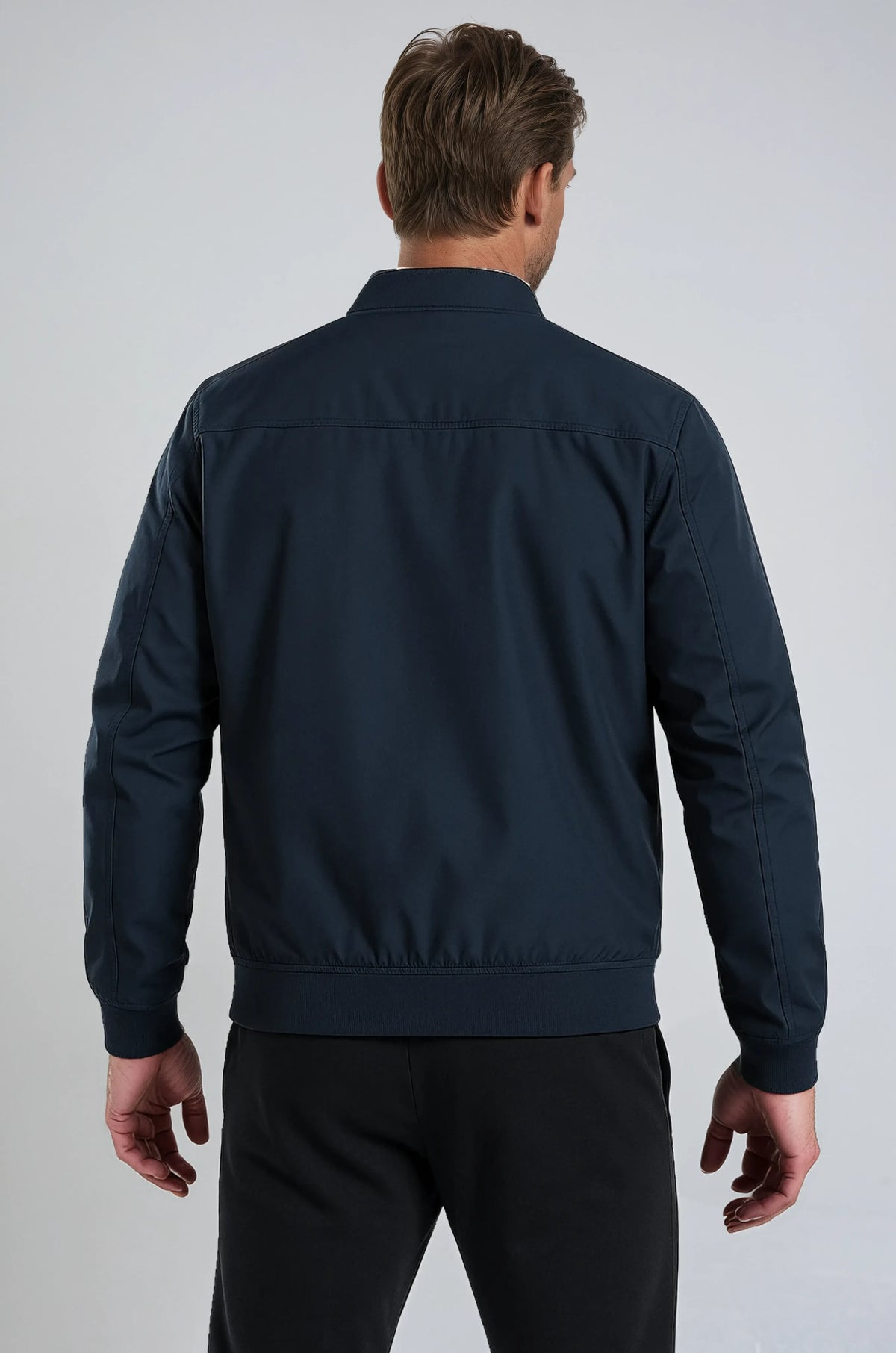 Klassiek donkerblauw bomberjack voor heren met ritssluiting – Lichte tussenjas van duurzaam polyester met zakken en ribboorden