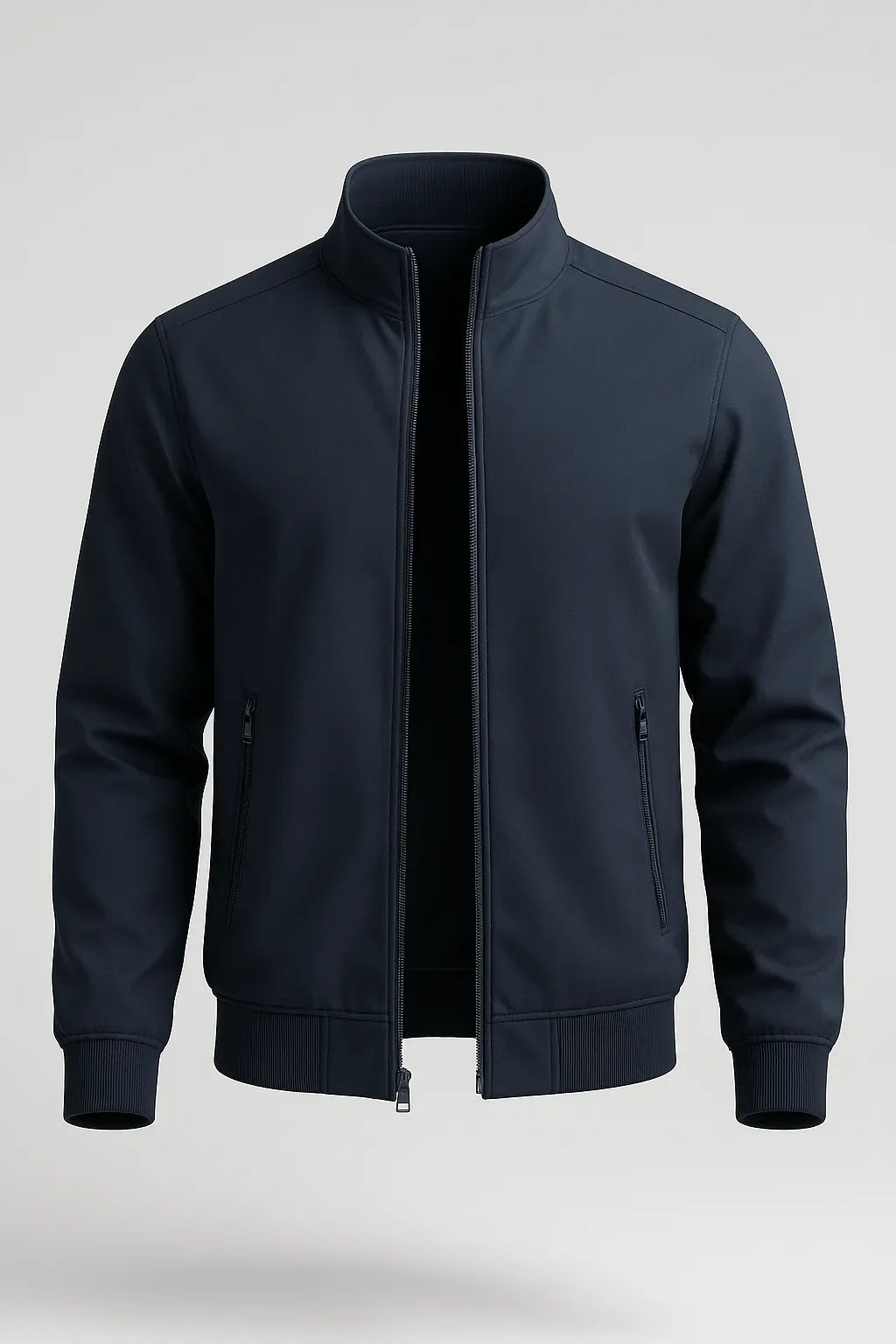 Klassiek donkerblauw bomberjack voor heren met ritssluiting – Lichte tussenjas van duurzaam polyester met zakken en ribboorden