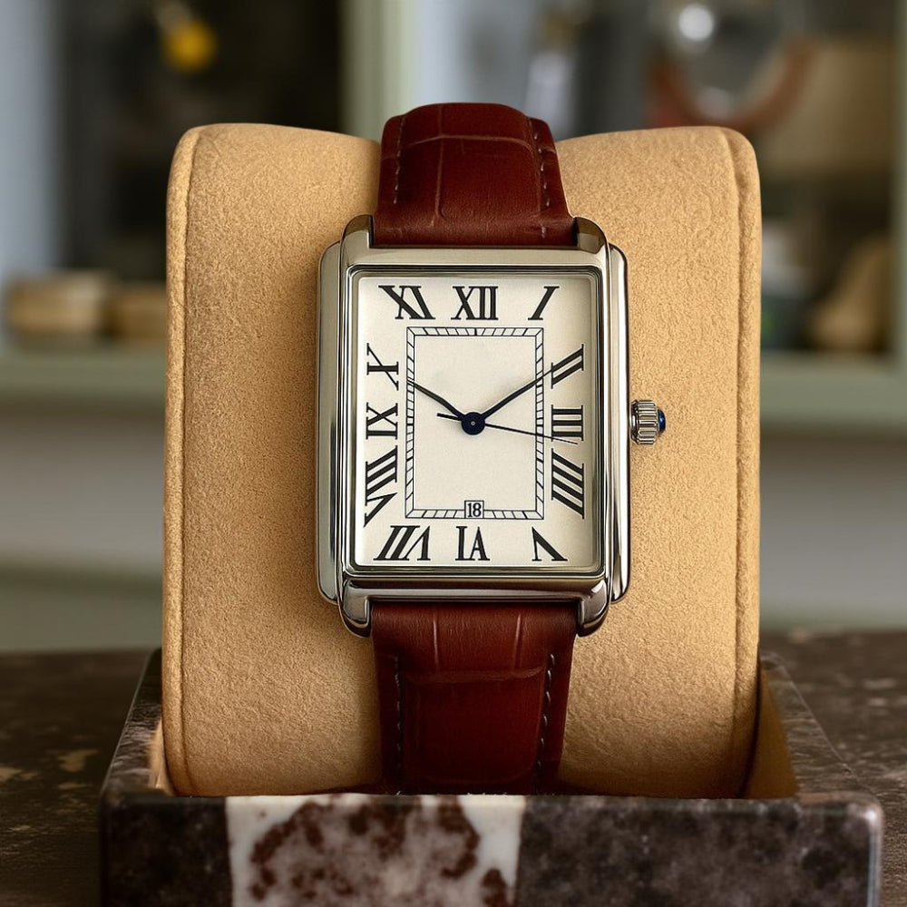 Klassiek vierkant analoog herenhorloge in retrostijl