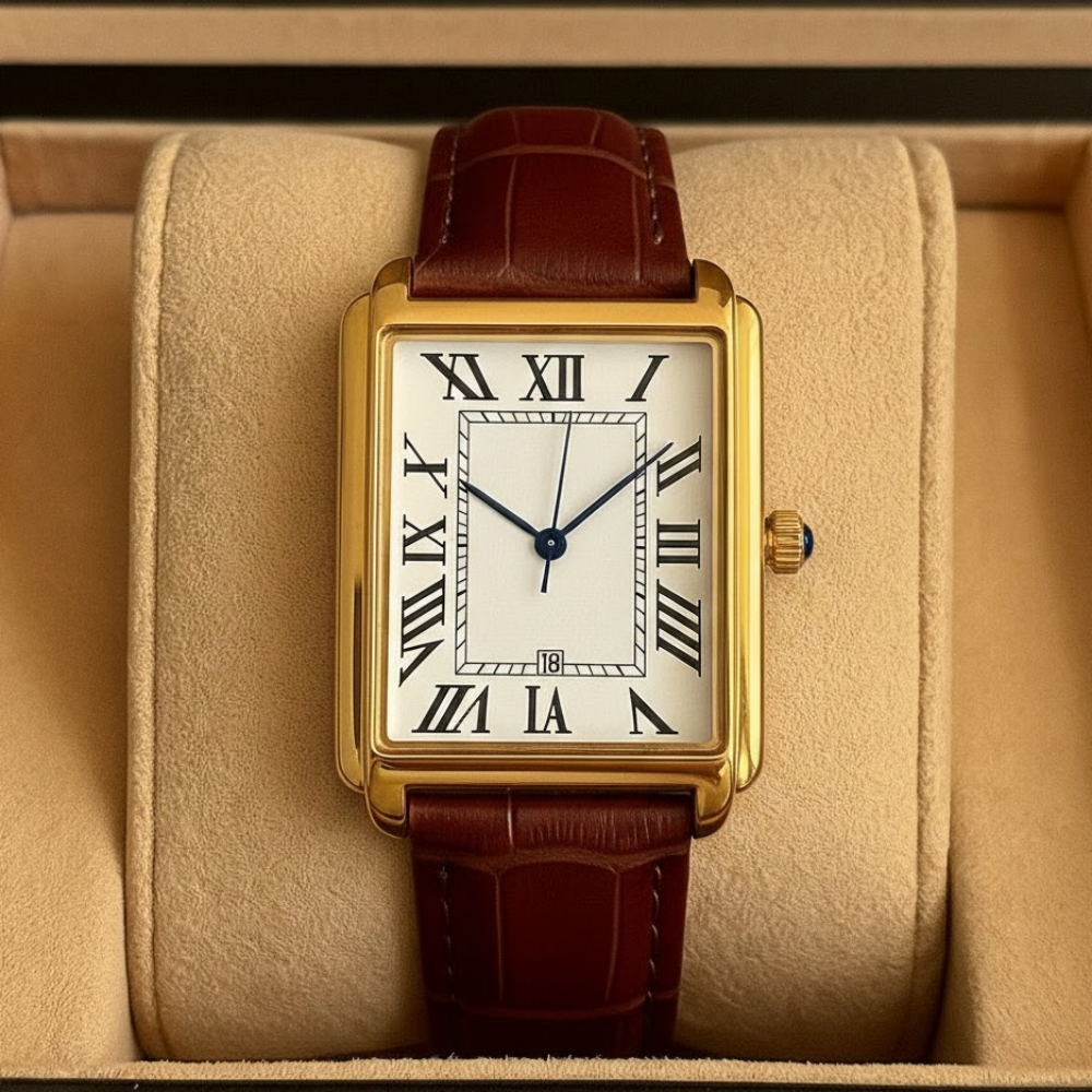 Klassiek vierkant analoog herenhorloge in retrostijl