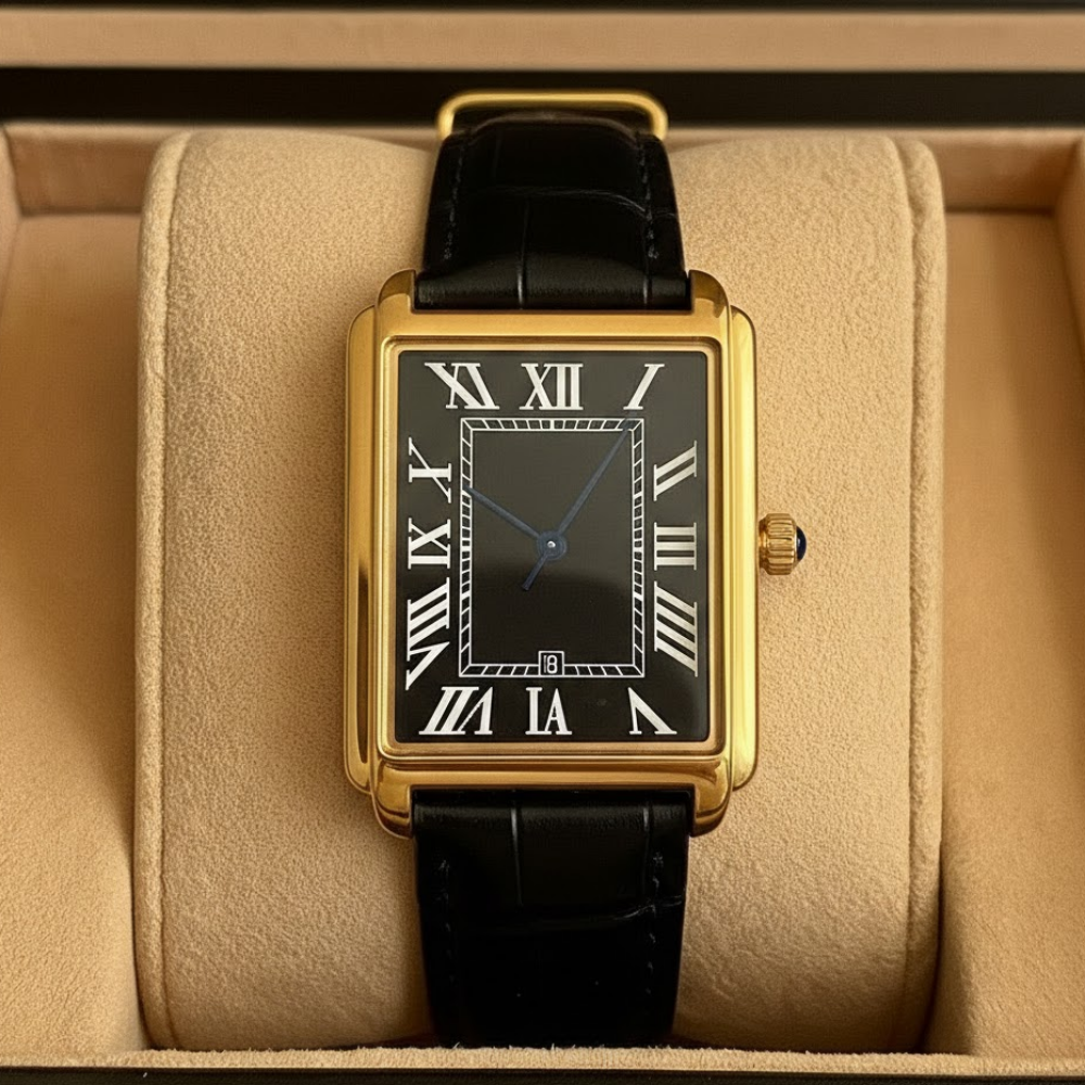 Klassiek vierkant analoog herenhorloge in retrostijl