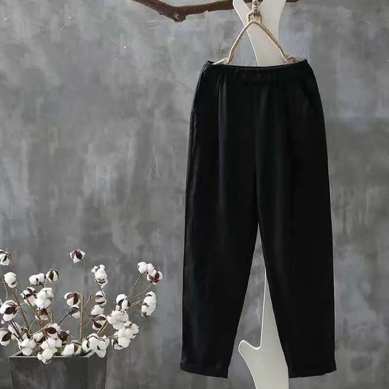 Klassieke linnen broek met elastische tailleband, comfortabel en veelzijdig