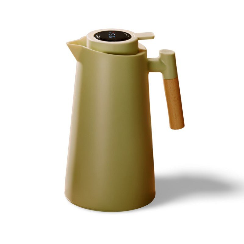 Lekvrije thermoskan (1 liter) met temperatuurdisplay en houten handvat