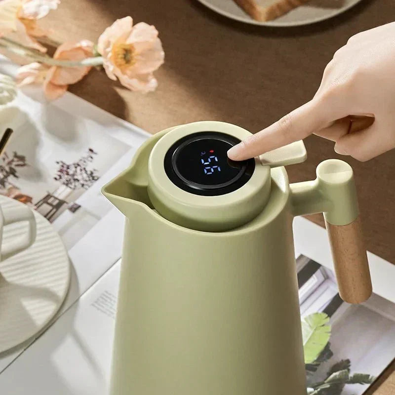 Lekvrije thermoskan (1 liter) met temperatuurdisplay en houten handvat