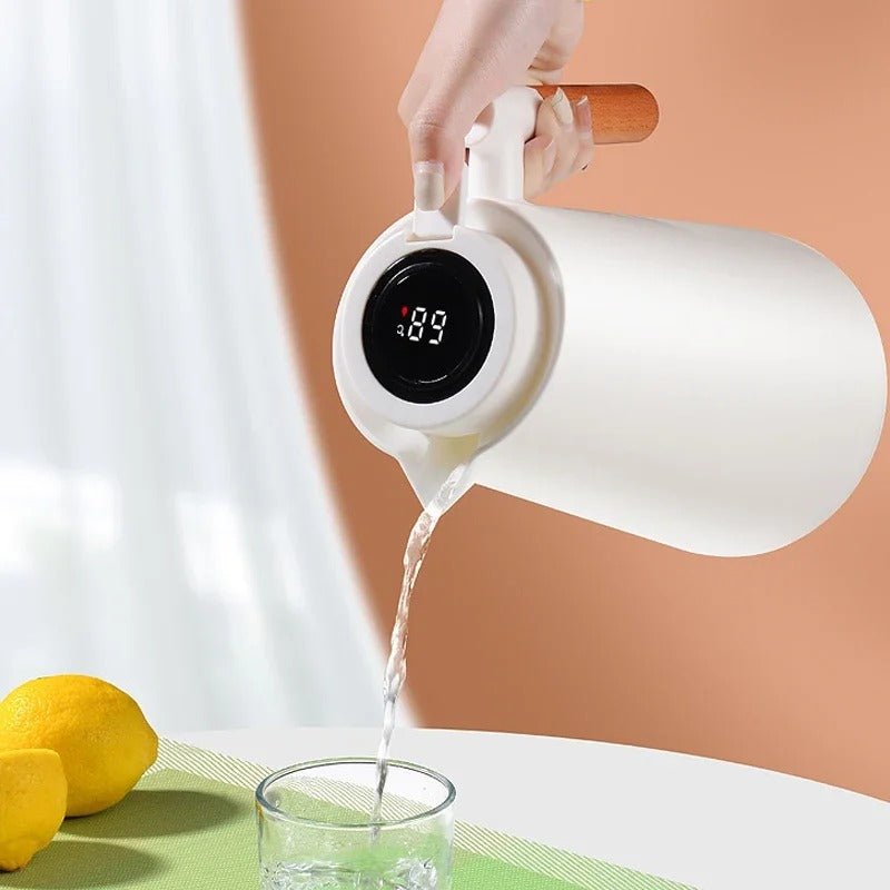 Lekvrije thermoskan (1 liter) met temperatuurdisplay en houten handvat