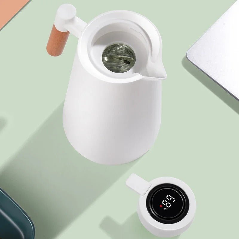 Lekvrije thermoskan (1 liter) met temperatuurdisplay en houten handvat