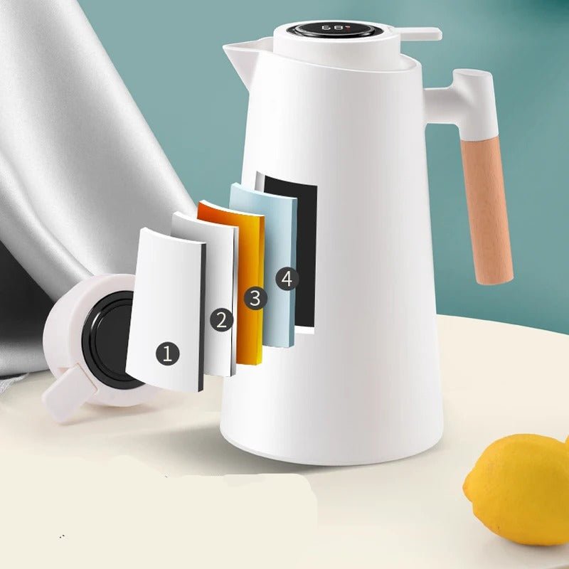 Lekvrije thermoskan (1 liter) met temperatuurdisplay en houten handvat