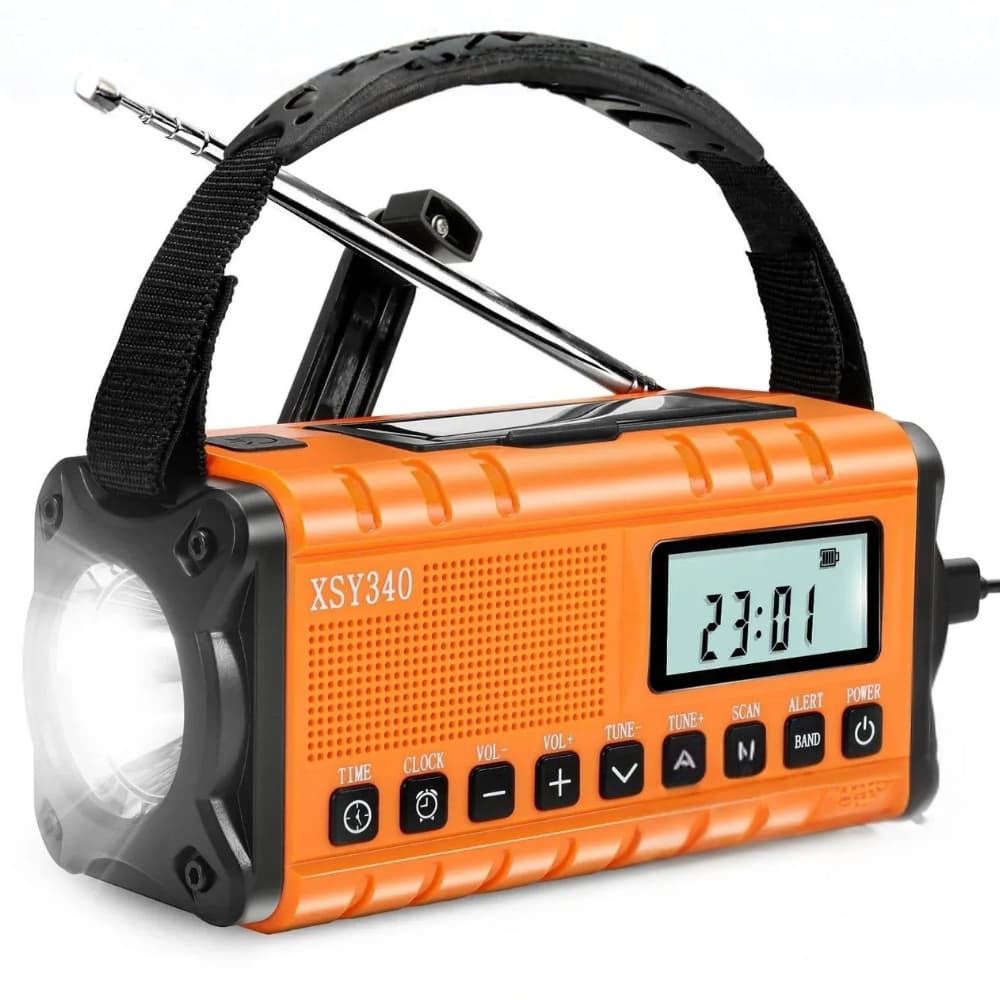 Noodradio op zonne-energie en zwengel met zaklamp