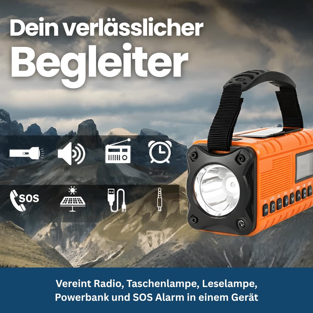 Noodradio op zonne-energie en zwengel met zaklamp