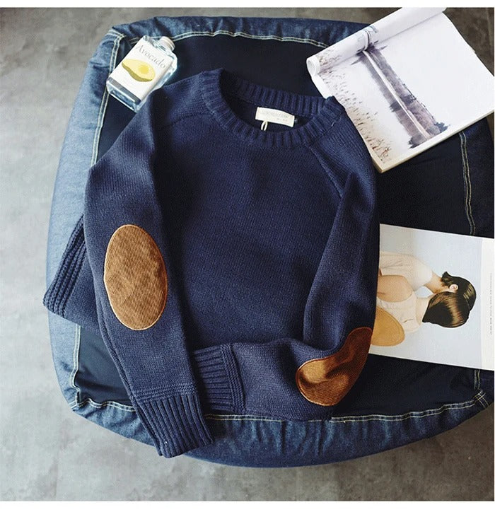Oversized gebreide herentrui met elleboogstukken