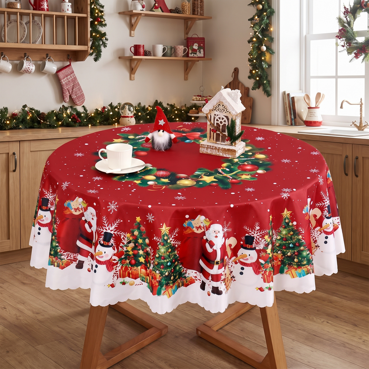 Rood kersttafelkleed met kerstman, sneeuwpop en kerstkrans