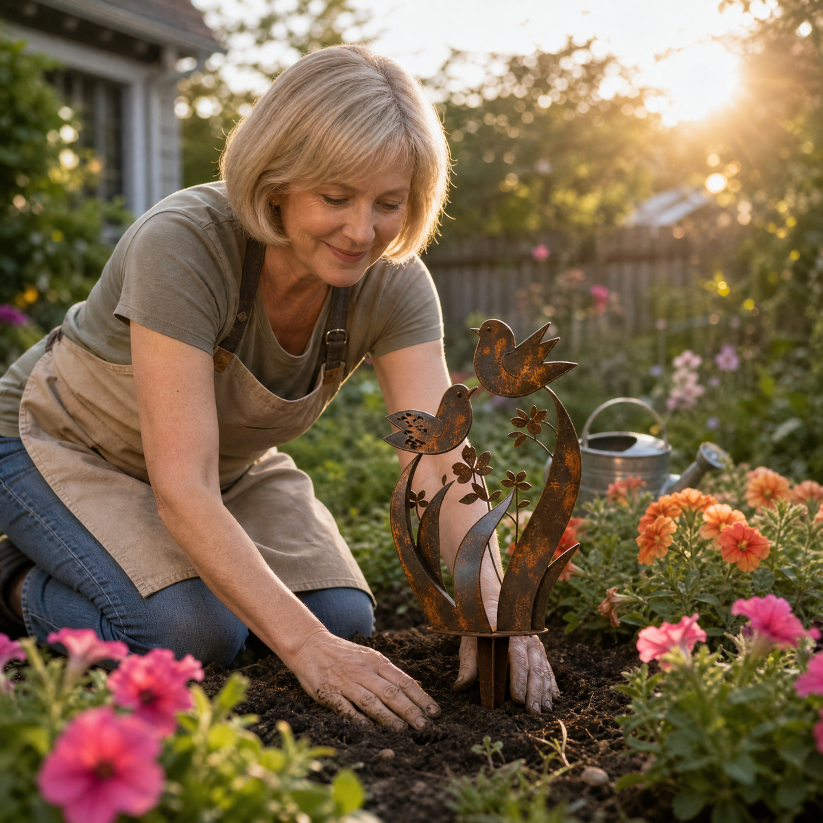 Rustieke tuinsteker met vogels en wilde bloemen