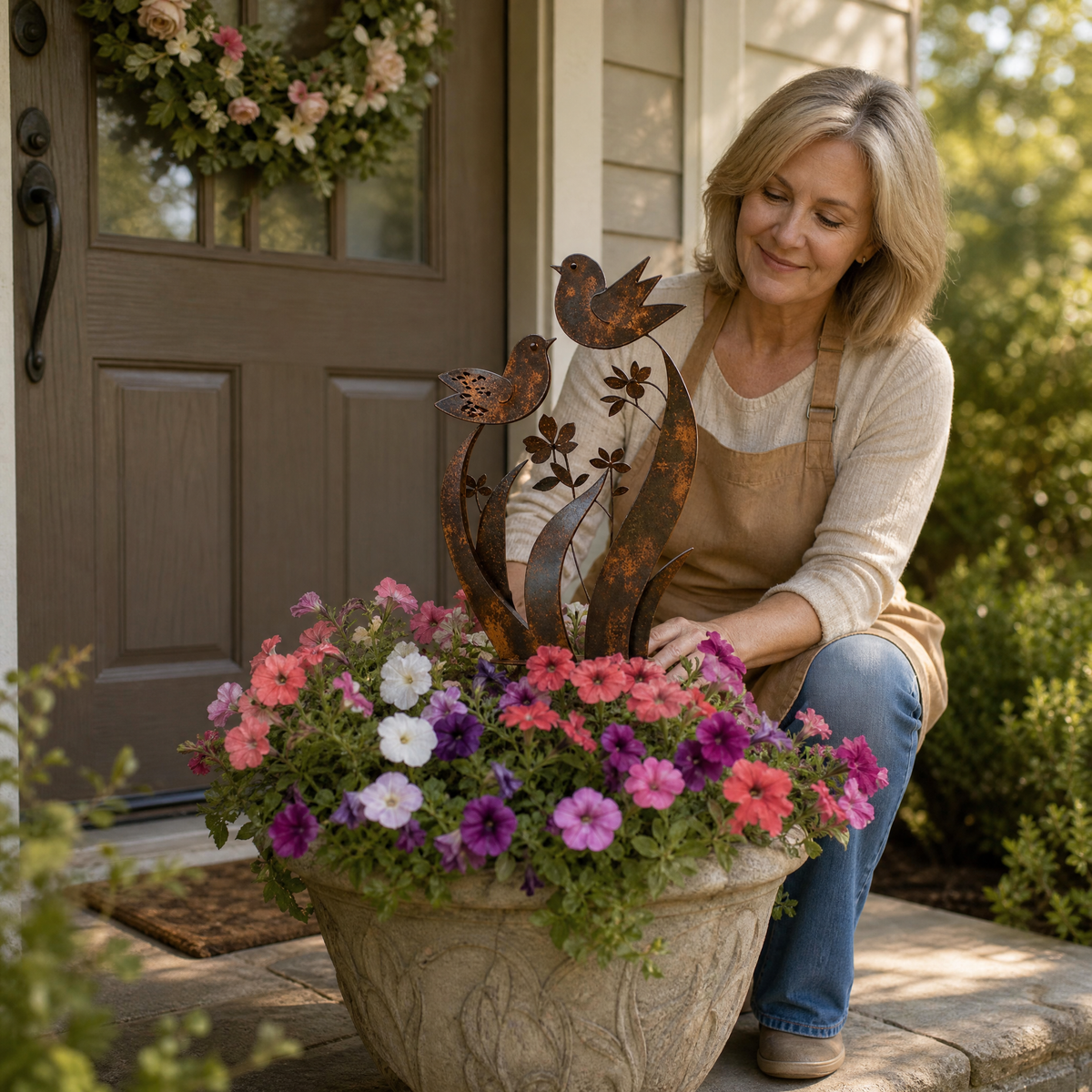 Rustieke tuinsteker met vogels en wilde bloemen