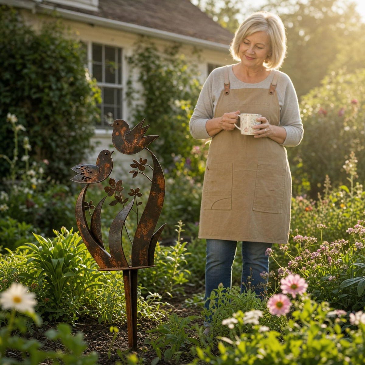Rustieke tuinsteker met vogels en wilde bloemen
