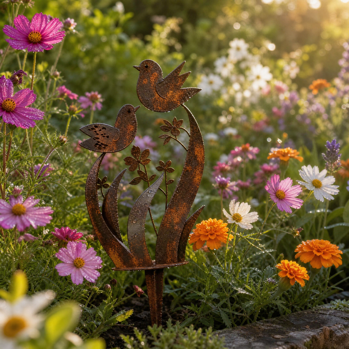 Rustieke tuinsteker met vogels en wilde bloemen