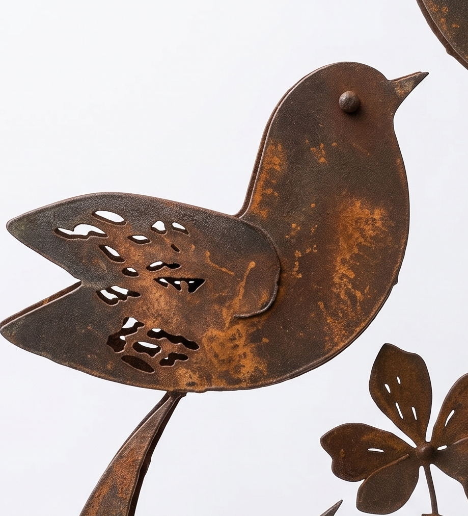 Rustieke tuinsteker met vogels en wilde bloemen