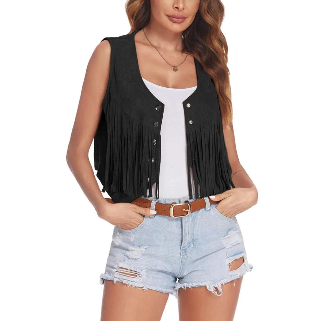 Suède gilet voor dames – Boho gilet met franjes en knoopdetails