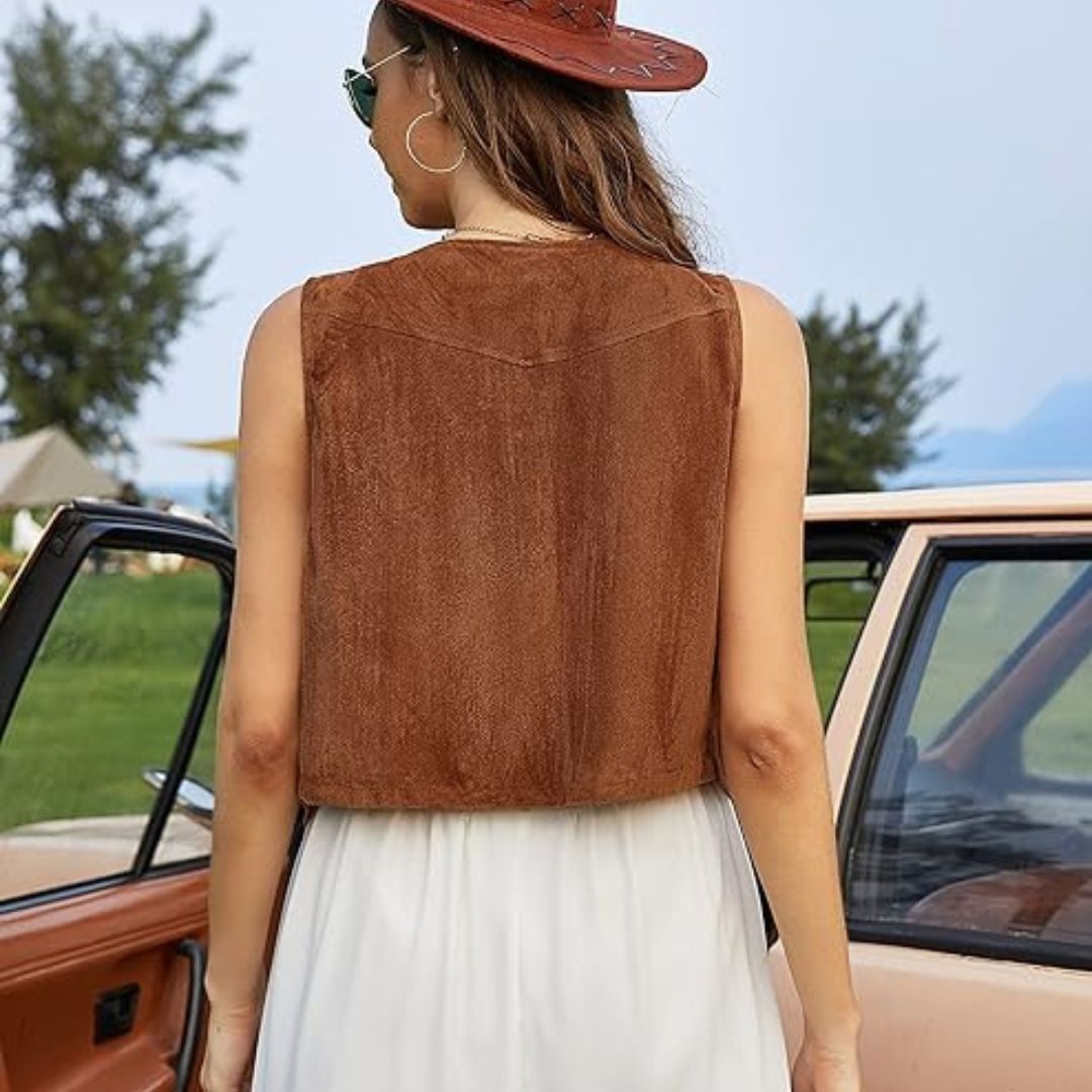 Suède gilet voor dames – Boho gilet met franjes en knoopdetails