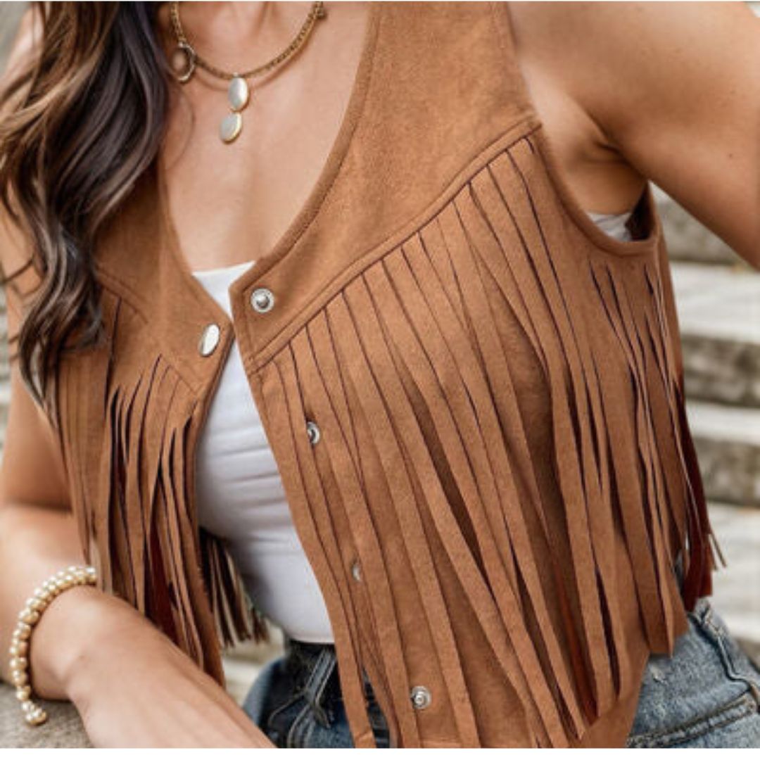 Suède gilet voor dames – Boho gilet met franjes en knoopdetails
