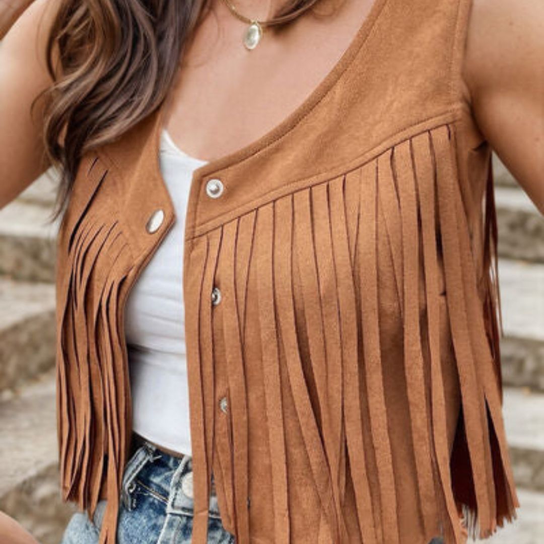 Suède gilet voor dames – Boho gilet met franjes en knoopdetails