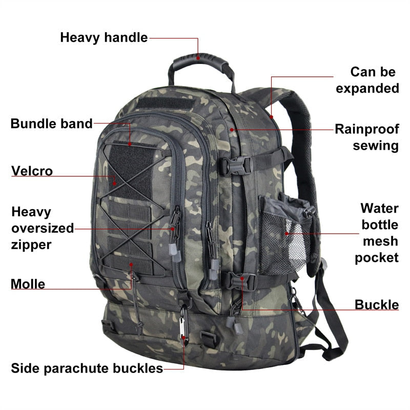 Uitbreidbare tactische rugzak van 60L voor outdoorreizen