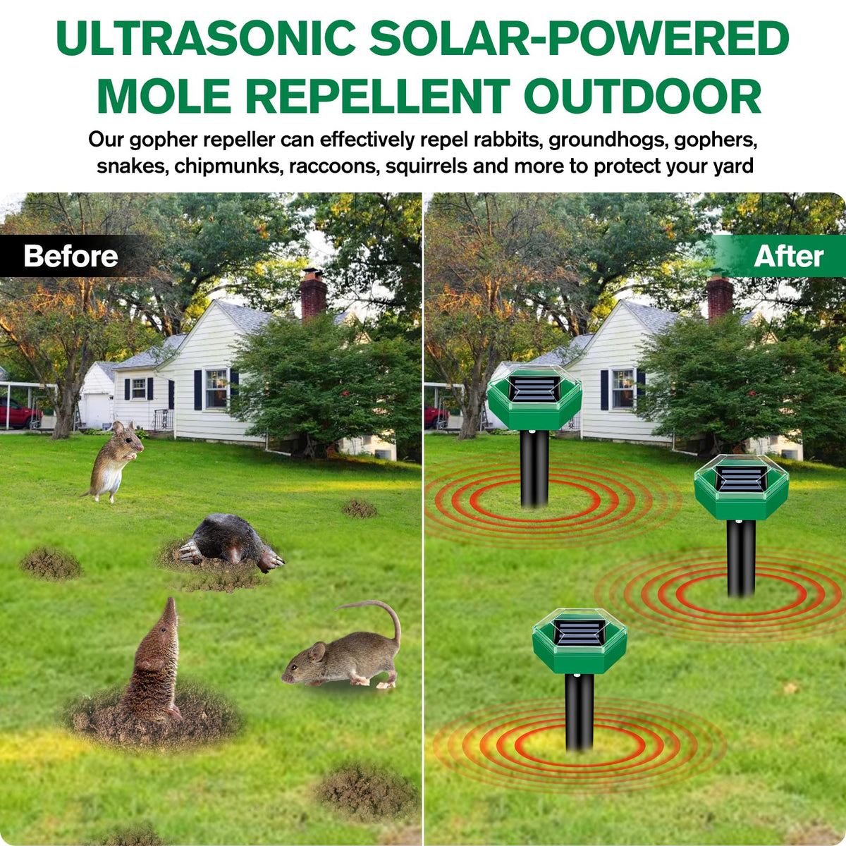 Ultrasone mollenverjager op zonne-energie - Set van 4 - Bereik van 465 m² per stuk - IP65 waterdicht