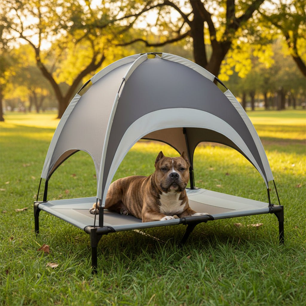 Verhoogde hondenmand met koelmat en uv-bescherming voor outdoor comfort