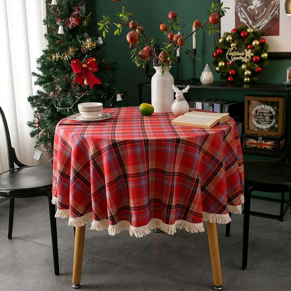 Vintage rond feestelijk ruitjestafelkleed