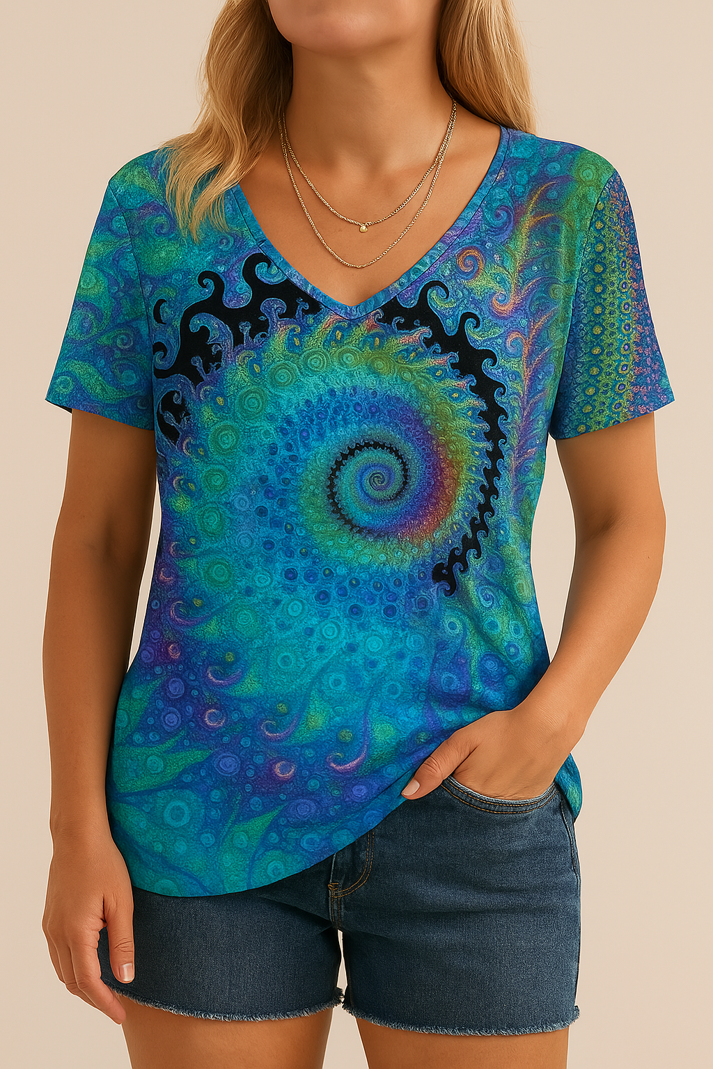 Zacht dames-T-shirt met V-hals en grafische print