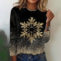 Zwart dames-T-shirt met lange mouwen, ronde hals en sneeuwvlok-glitterprint
